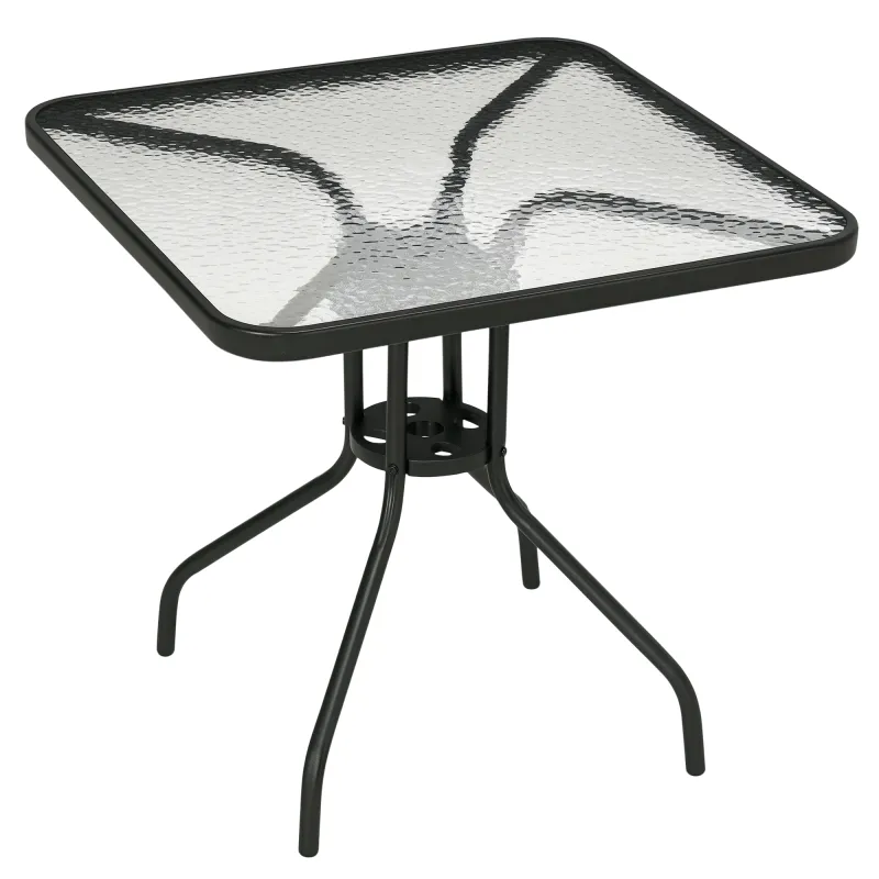 Mesa de Jardín Cuadrada 76x76x72 cm con Agujero para Sombrilla y Encimera de Vidrio Templado para Patio Terraza Negro