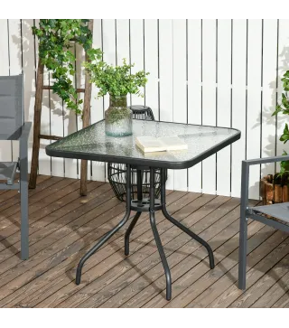 Mesa de Jardín Cuadrada 76x76x72 cm con Agujero para Sombrilla y Encimera de Vidrio Templado para Patio Terraza Negro