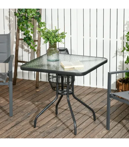Mesa de Jardín Cuadrada 76x76x72 cm con Agujero para Sombrilla y Encimera de Vidrio Templado para Patio Terraza Negro