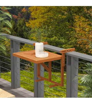 Mesa Colgante para Balcón Plegable de Madera con Altura Ajustable en 4 Niveles Carga 20 kg 68x65x40,5-55 cm Natural