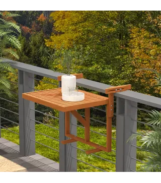 Mesa Colgante para Balcón Plegable de Madera con Altura Ajustable en 4 Niveles Carga 20 kg 68x65x40,5-55 cm Natural