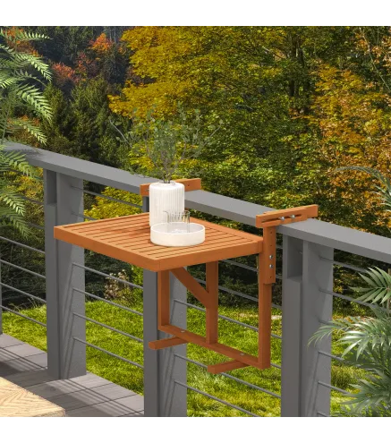 Mesa Colgante para Balcón Plegable de Madera con Altura Ajustable en 4 Niveles Carga 20 kg 68x65x40,5-55 cm Natural