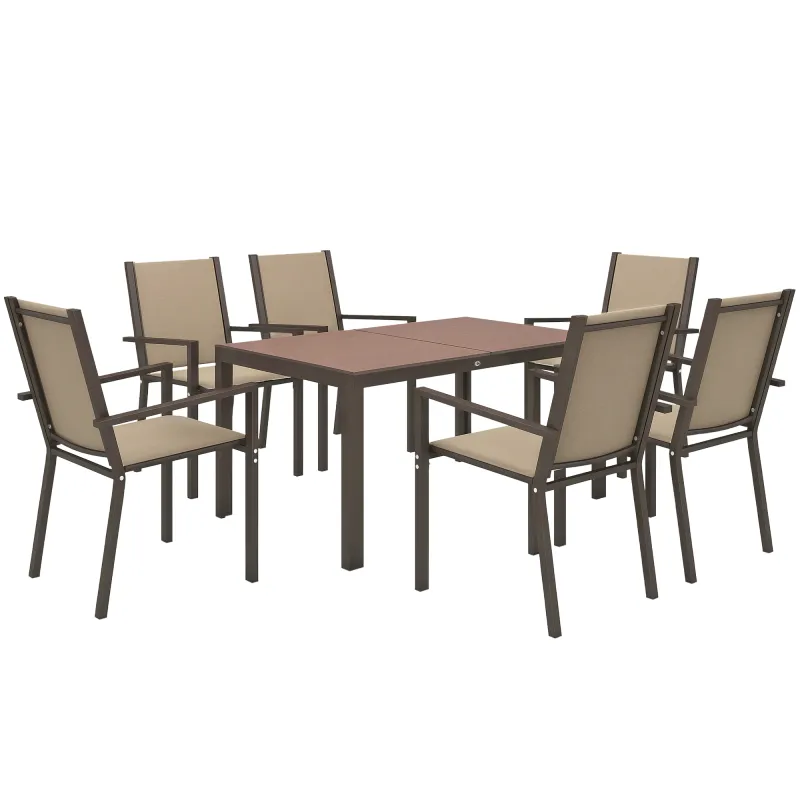 Conjunto de Mesa y 6 Sillas de Jardín con Sillas Apilables y Marco de Acero para Terraza Patio Caqui y Marrón Conjunto de Mesa y 6 Sillas de Jardín con Sillas Apilables y Marco de Acero para Terraza Patio Caqui y Marrón