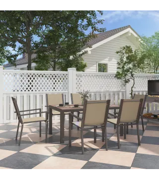 Conjunto de Mesa y 6 Sillas de Jardín con Sillas Apilables y Marco de Acero para Terraza Patio Caqui y Marrón