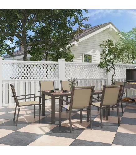 Conjunto de Mesa y 6 Sillas de Jardín con Sillas Apilables y Marco de Acero para Terraza Patio Caqui y Marrón