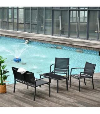 Conjunto de Muebles de Jardín 4 Piezas Muebles Jardín Exterior con 2 Sillones 1 Sofá de 2 Plazas y Mesa de Centro Negro