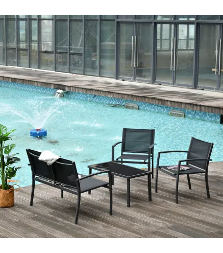 Conjunto de Muebles de Jardín 4 Piezas Muebles Jardín Exterior con 2 Sillones 1 Sofá de 2 Plazas y Mesa de Centro Negro