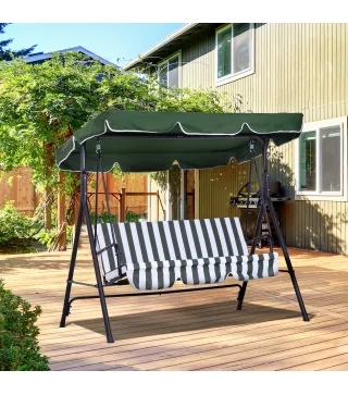 Balancín de Jardín Exterior Columpio de 3 Plazas con Toldo Ajustable y Marco de Acero para Terraza 172x110x153 cm Verde