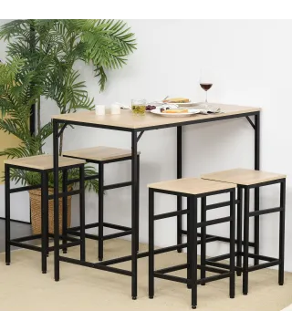Set de Mesa Bar y 4 Taburetes Muebles Altos con Mesa de 100x60x88 cm y Taburetes de 32x32x57 cm Negro y Roble
