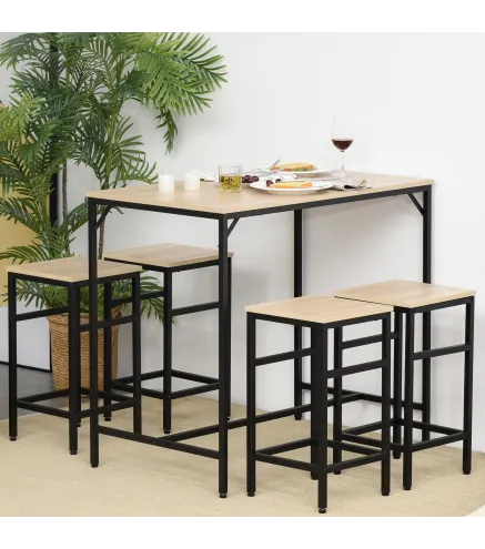 Set de Mesa Bar y 4 Taburetes Muebles Altos con Mesa de 100x60x88 cm y Taburetes de 32x32x57 cm Negro y Roble