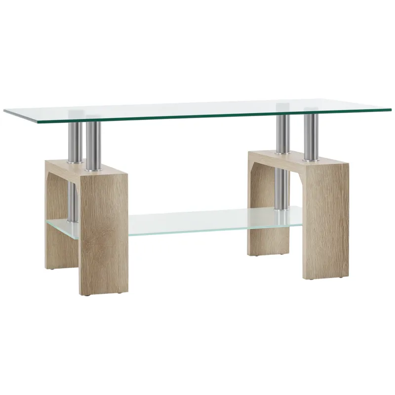 Mesa de Centro Rectangular de Vidrio con Estante Patas de Madera Estilo Moderno 90x50x42 cm Madera Natural