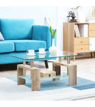 Mesa de Centro Rectangular de Vidrio con Estante Patas de Madera Estilo Moderno 90x50x42 cm Madera Natural