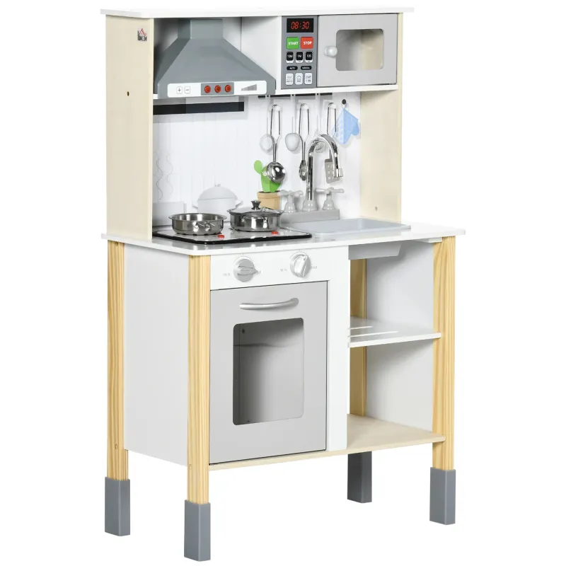 Cocina Infantil de Madera para Niños de +3 Años con Altura Ajustable Luz y Sonidos 60x30,5x93,2 cm Blanco