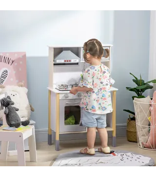 Cocina Infantil de Madera para Niños de +3 Años con Altura Ajustable Luz y Sonidos 60x30,5x93,2 cm Blanco