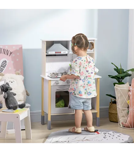 Cocina Infantil de Madera para Niños de +3 Años con Altura Ajustable Luz y Sonidos 60x30,5x93,2 cm Blanco