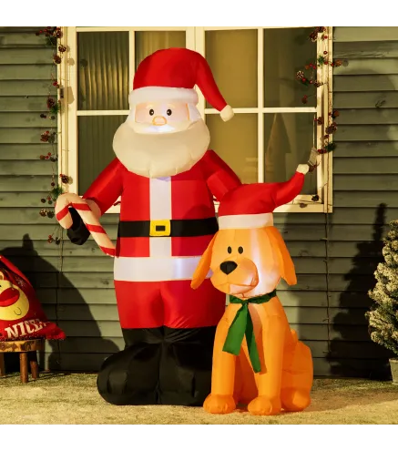 Papá Noel Inflable con Perro con Luces LED Decoración Navideña para Interior y Exterior 117x80x157cm Multicolor