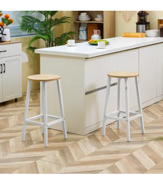 Juego de 2 Taburetes Altos de Cocina con Asiento de Melamina y Patas de Acero 32,5x32,5x65 cm Natural y Blanco