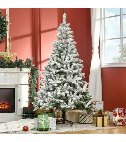 Árbol de Navidad Artificial 180 cm con Nieve Ignífugo con 750 Ramas Decoración Navideña para Interiores Verde