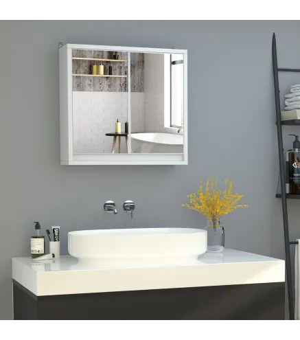 Armario de Baño con Espejo con 2 Puertas y Balda Ajustable Mueble Colgante de Estilo Moderno 48x14,5x45 cm Blanco