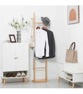 Perchero de Pie de Bambú Estilo Moderno con Ganchos y Barras para Entrada Pasillo Dormitorio 36x24x168 cm Natural