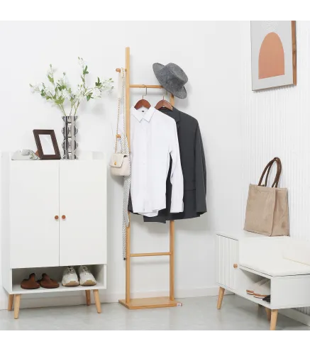 Perchero de Pie de Bambú Estilo Moderno con Ganchos y Barras para Entrada Pasillo Dormitorio 36x24x168 cm Natural