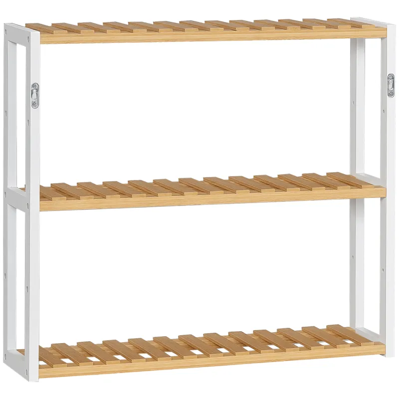 Estantería de Pared de Bambú con 3 Estantes Flotantes para Salón Dormitorio Cocina 60x15x54 cm Natural y Blanco