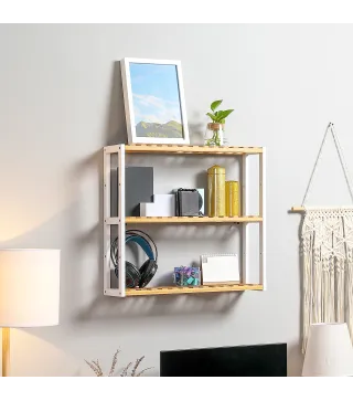 Estantería de Pared de Bambú con 3 Estantes Flotantes para Salón Dormitorio Cocina 60x15x54 cm Natural y Blanco