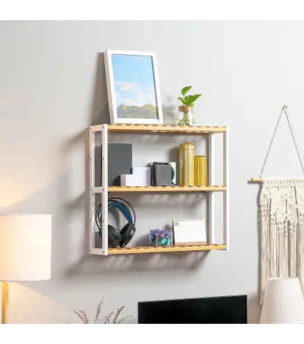 Estantería de Pared de Bambú con 3 Estantes Flotantes para Salón Dormitorio Cocina 60x15x54 cm Natural y Blanco