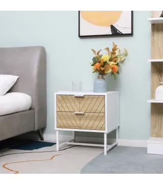 Mesita de Noche con 2 Cajones con Patas de Acero Mesilla Auxiliar para Salón Dormitorio 45x39x48cm Blanco y Roble