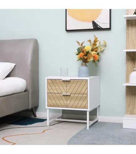 Mesita de Noche con 2 Cajones con Patas de Acero Mesilla Auxiliar para Salón Dormitorio 45x39x48cm Blanco y Roble