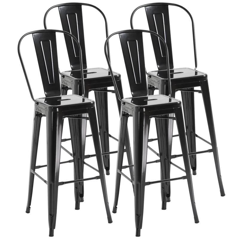 Juego de 4 Taburetes Altos de Cocina de Metal con Respaldo Alto y Reposapiés para Comedor 44x46x116 cm Negro