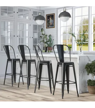 Juego de 4 Taburetes Altos de Cocina de Metal con Respaldo Alto y Reposapiés para Comedor 44x46x116 cm Negro
