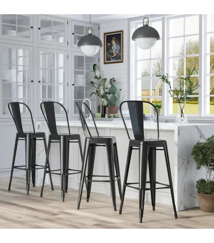 Juego de 4 Taburetes Altos de Cocina de Metal con Respaldo Alto y Reposapiés para Comedor 44x46x116 cm Negro