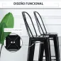 Juego de 4 Taburetes Altos de Cocina de Metal con Respaldo Alto y Reposapiés para Comedor 44x46x116 cm Negro