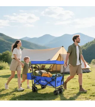 Carro de Transporte Plegable con Toldo y Asa Telescópica Carga Máx. 68 kg para Playa Camping 117x55x98cm Azul
