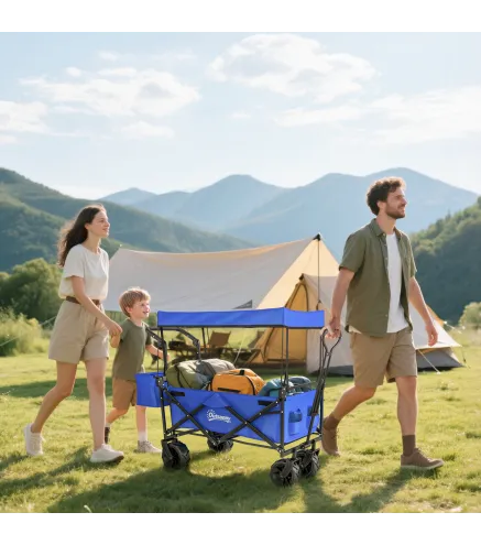 Carro de Transporte Plegable con Toldo y Asa Telescópica Carga Máx. 68 kg para Playa Camping 117x55x98cm Azul
