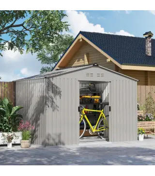 Cobertizo de Jardín 4,9 m² 277x195x192 cm con 2 Puertas Corredizas Techo Inclinado y 4 Ventanas Gris Plata