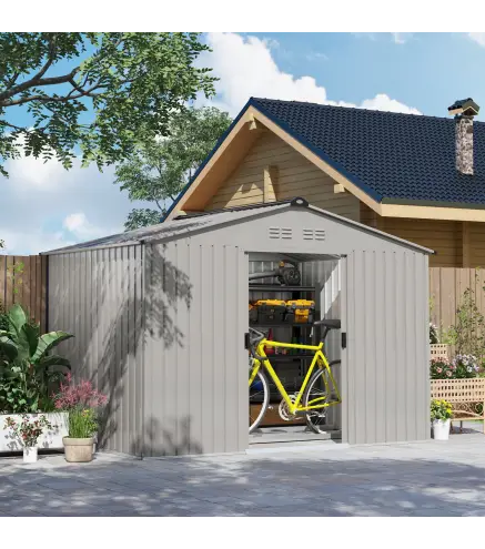 Cobertizo de Jardín 4,9 m² 277x195x192 cm con 2 Puertas Corredizas Techo Inclinado y 4 Ventanas Gris Plata