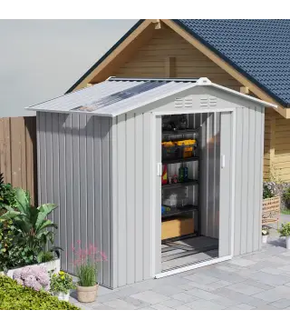 Caseta de Jardín 213x130x185 cm con Puertas Correderas y Claraboya para Almacenamiento de Herramientas Gris Plata