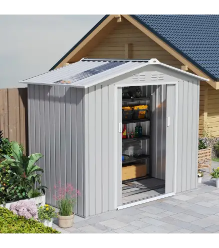 Caseta de Jardín 213x130x185 cm con Puertas Correderas y Claraboya para Almacenamiento de Herramientas Gris Plata