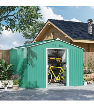 Cobertizo de Jardín 4,9 m² 277x195x192 cm con 2 Puertas Corredizas Techo Inclinado y 4 Ventanas Verde