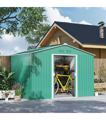 Cobertizo de Jardín 4,9 m² 277x195x192 cm con 2 Puertas Corredizas Techo Inclinado y 4 Ventanas Verde