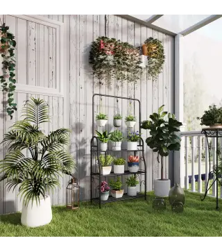 Estantería para Plantas de 3 Niveles con Ganchos de Metal Barra para Colgar para Interior y Exterior Negro