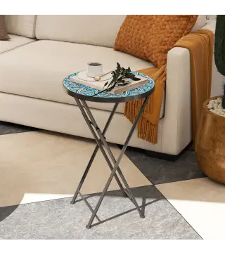 Mesa Auxiliar Redonda de Jardín Plegable con Encimera de Mosaico y Almohadillas Antideslizantes Ø35,5x55 cm Azul