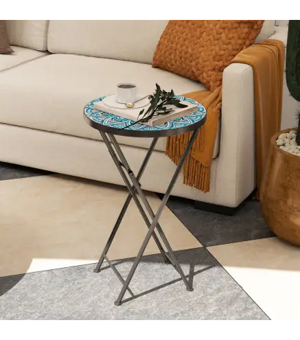 Mesa Auxiliar Redonda de Jardín Plegable con Encimera de Mosaico y Almohadillas Antideslizantes Ø35,5x55 cm Azul