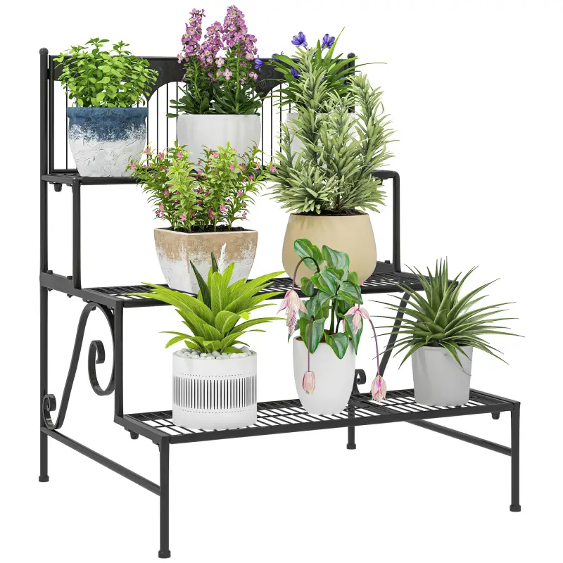 Soporte para Plantas de Tres Niveles con Diseño en Escalera y Estructura Metálica Resistente para Interior y Exterior Soporte para Plantas de Tres Niveles con Diseño en Escalera y Estructura Metálica Resistente para Interior y Exterior