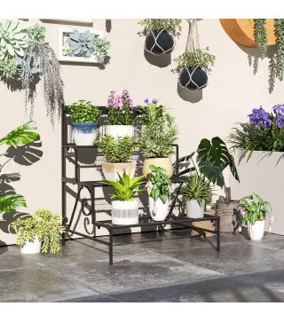 Soporte para Plantas de Tres Niveles con Diseño en Escalera y Estructura Metálica Resistente para Interior y Exterior