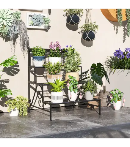 Soporte para Plantas de Tres Niveles con Diseño en Escalera y Estructura Metálica Resistente para Interior y Exterior