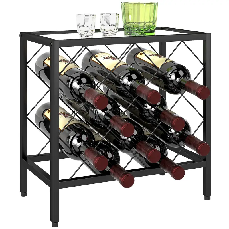 Botellero Vino para 10 Botellas con Encimera de Vidrio Templado y Marco de Acero para Salón Comedor 41x22x41 cm Negro
