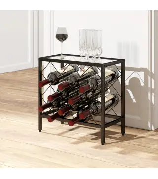 Botellero Vino para 10 Botellas con Encimera de Vidrio Templado y Marco de Acero para Salón Comedor 41x22x41 cm Negro